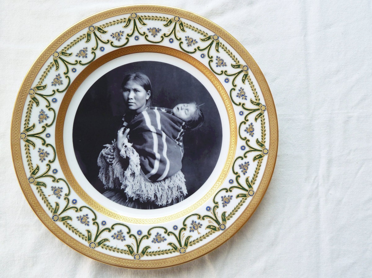 Upcycled Vintage Gold Art Deco Limoge Plate with Antique Navajo Mother and Daughter Photo - MilestoneDecalArt