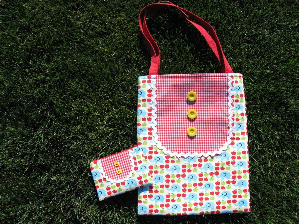 SALE  Elephant and Apples Tote and Pouch Set