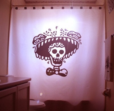 Mexican Folk Art Shower Curtain Skull Bathroom Decor Kids bath Sombrero Mexico Horror Funny Scary Hat Skeleton