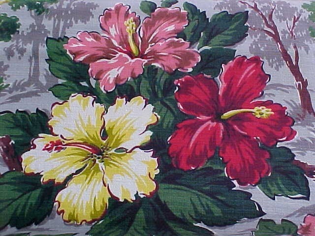 Vintage Barkcloth - 1940s Tropical - Hibiscus - 5 Plus Yards  - Right off the Bolt - New Unused Vintage Fabric - Yardage