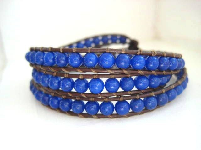 Going Sailing - Deep Blue Gemstone and Leather Triple Wrap Bracelet
