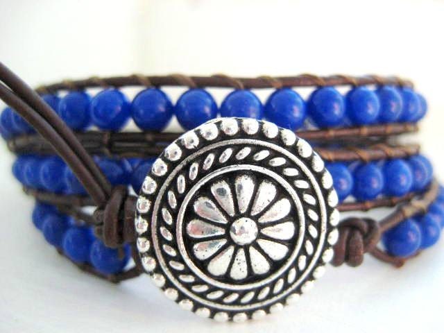 Going Sailing - Deep Blue Gemstone and Leather Triple Wrap Bracelet