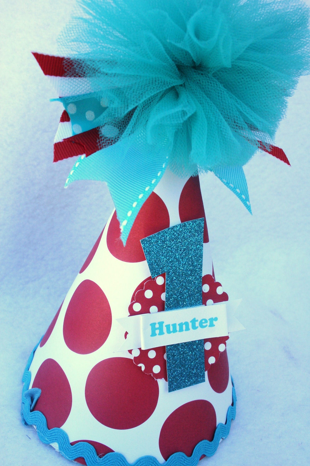 Dr Seuss Thing 1 Birthday Party Hat in Red, Turquoise and White Polka Dot