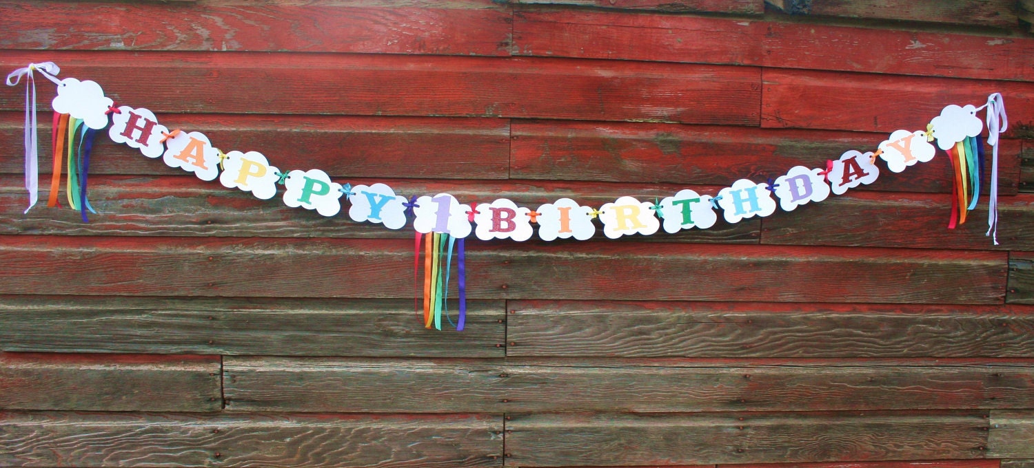 Glittery Rainbow Party Banner in Brights with ribbon streamers and clouds 16 pennants