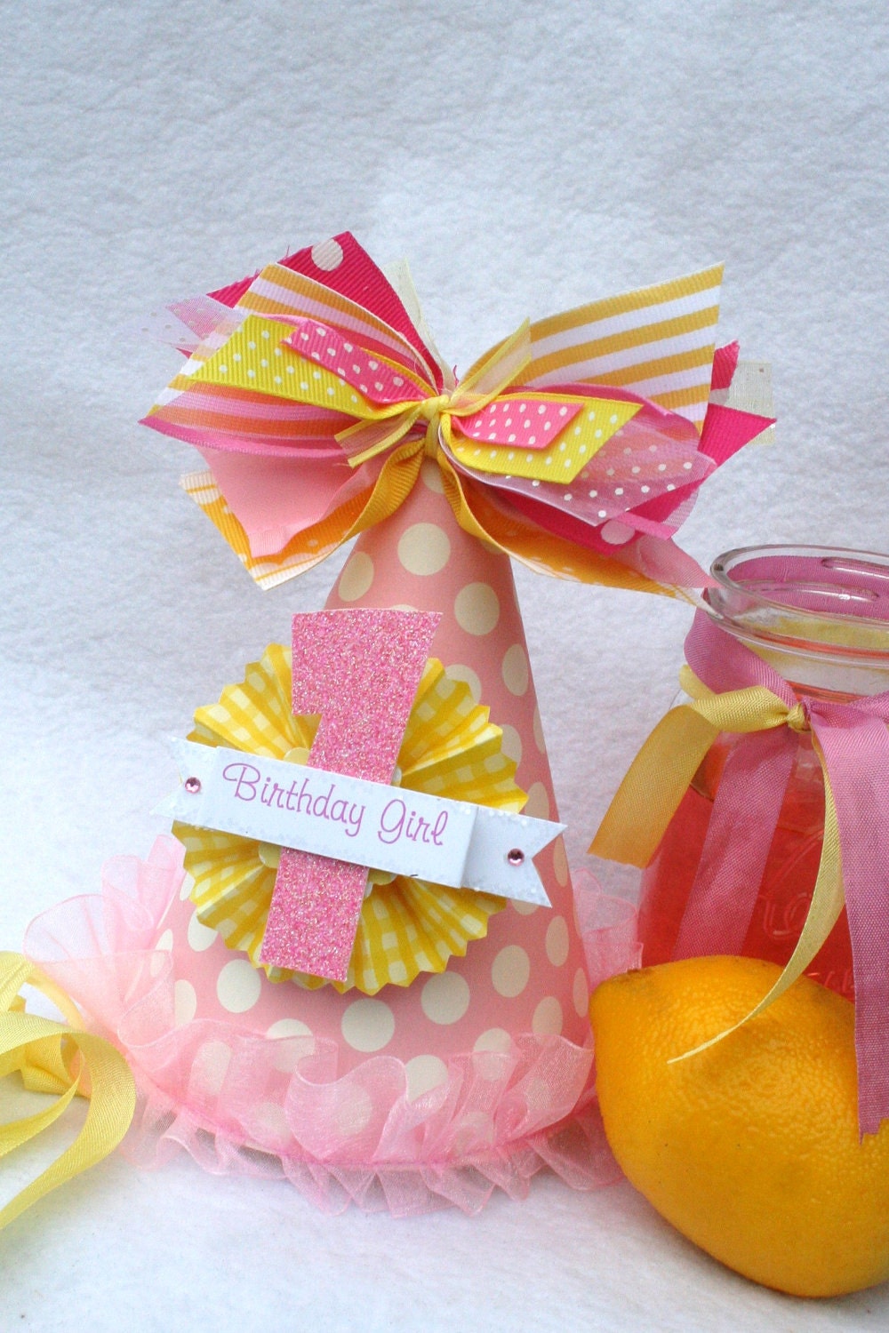Pink Lemonade party hat in pale pink and sunshine yellow polka dots and stripes