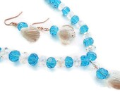 Shell pendant necklace and earring set turquoise blue crystal and clear crystal beachy tropical jewelry