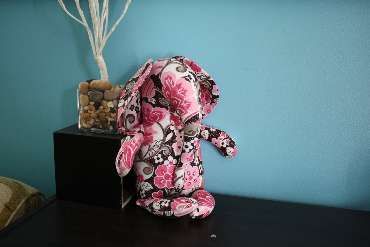 Sitting Stuffed Elephant- Pink Floral pattern with sparkles