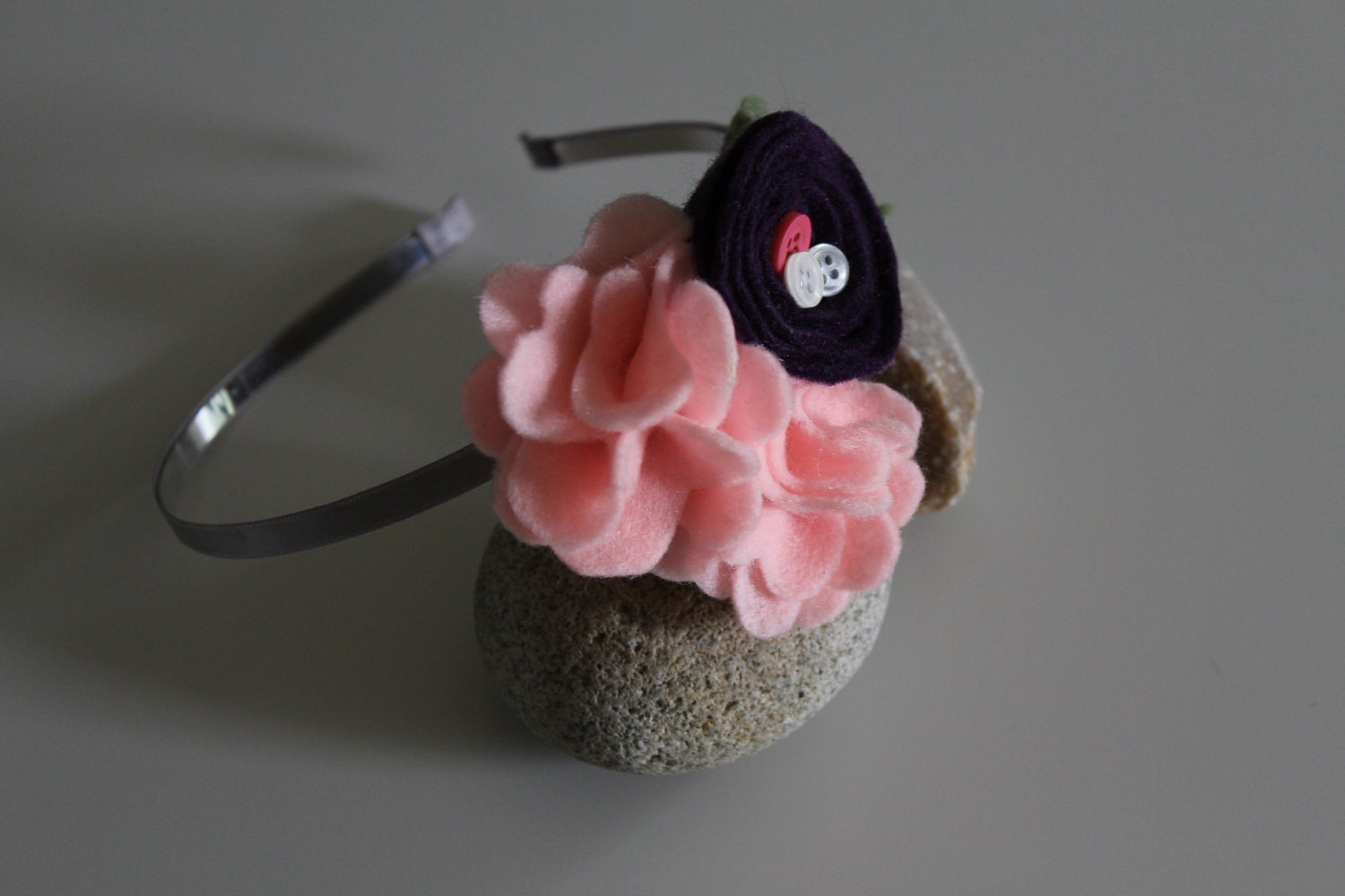 Pink Felt Flower Headband with birds nest and leaves