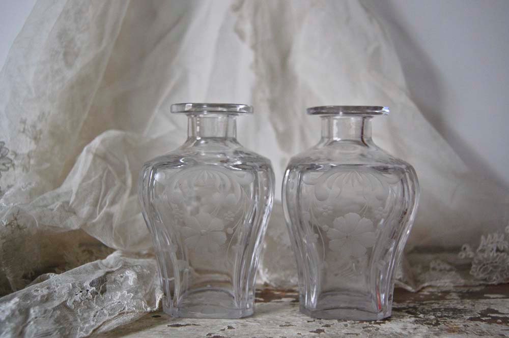 vintage c.1880's etched crystal scent bottles