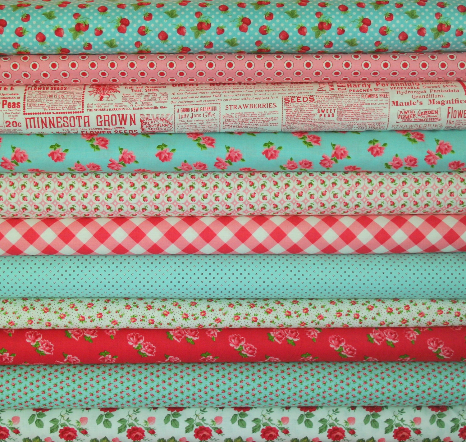 Annie's Farm Stand, Lakehouse, Red and Aqua, 1/2 Yard Bundle of 11