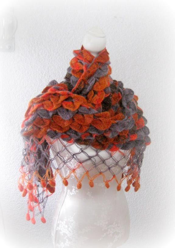 Triangle Shawl, Neckwarmer  Multicolored maroon, Scarlet, Carnelian, Rust, Khaki, Sepia, Grey, charcoal,