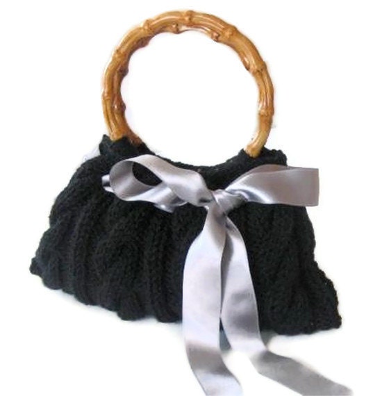 Romantic Knitted Bag, Clutch in Black, with Gray Ribbon
