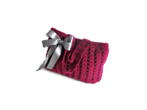 Romantic,  Crochet Bag, Clutch in Burgundy, raspberry, with Ribbon, Woman, Handbags,  Clutch, Handbags, Trendy,