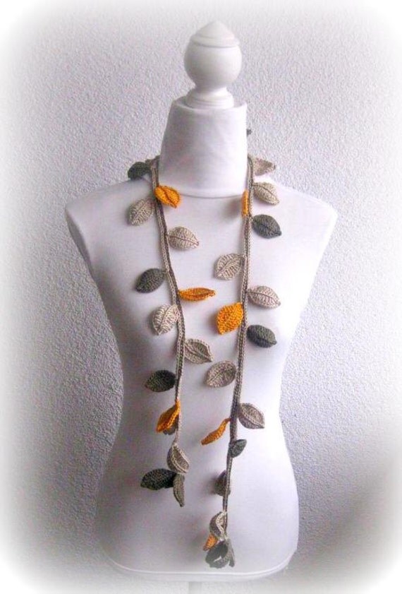 Crochet lariat scarf with Leaves in fresh Autumn Color, Green, Mustard, Necklace