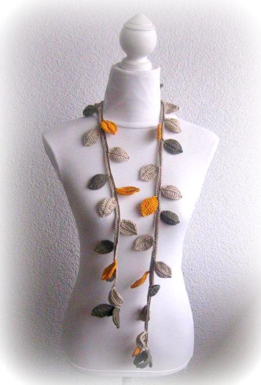 Crochet lariat scarf with Leaves in fresh Autumn Color, Green, Mustard, Necklace