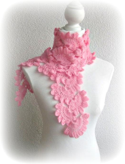 Hand Crochet Wrap Scarf Snood in Pink, Rose with Angora Mohair yarn, Crocheted Lace Scarf