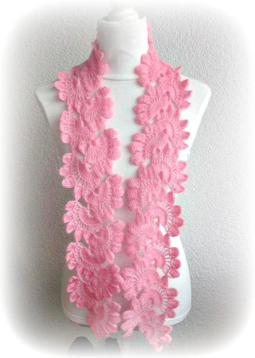 Hand Crochet Wrap Scarf Snood in Pink, Rose with Angora Mohair yarn, Crocheted Lace Scarf