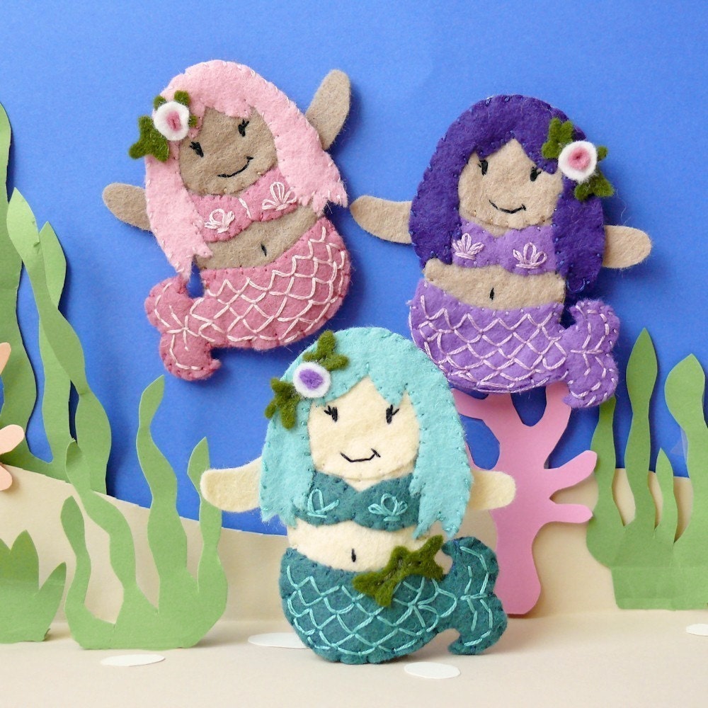 Mermaid Trio  - Wool Felt Finger Puppet - handmade toy for children