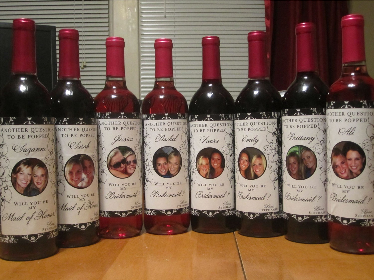 Bridal Party Gifts - Custom Bridesmaid Wine Labels for each member of your Bridal Party