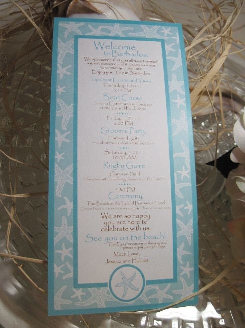 Private Listing for idoconnere15 Itinerary Cards, Thank You Cards in Tiffany Blue Starfish for Beach Weddings
