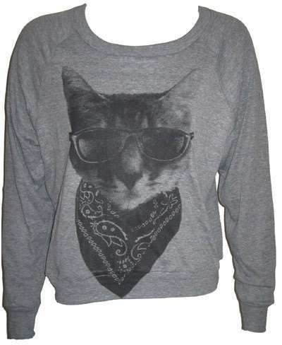 Bandit Kitty Cat Art Print Ladies Raglan Pullover Slouchy Sweatshirt American Apparel Size S    M   or   L