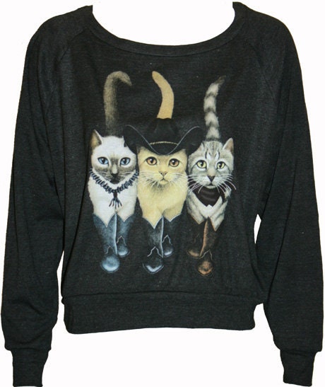 Hipster Cats in Boots Pullover Slouchy "Sweatshirt"  Top American Apparel Black M