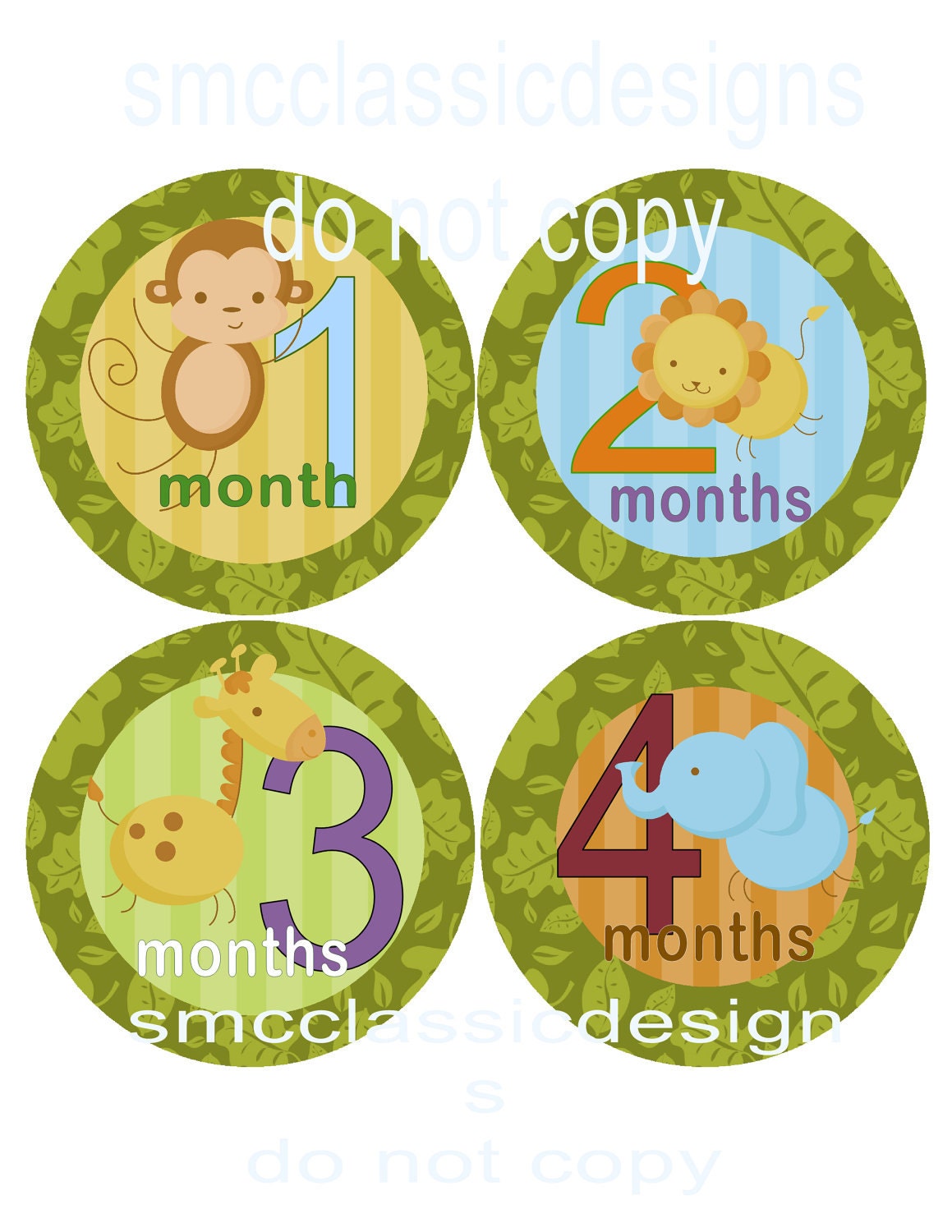 Monthly Baby Onesie  Stickers  Monkey Elephant Lion Giraffe Baby Shower Gift  Jungle  Animals Boy  Girl