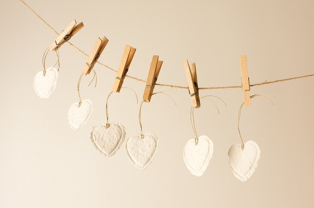 Handmade Paper Heart Gift Tags, Valentine's Day, White Sage, Set of 6