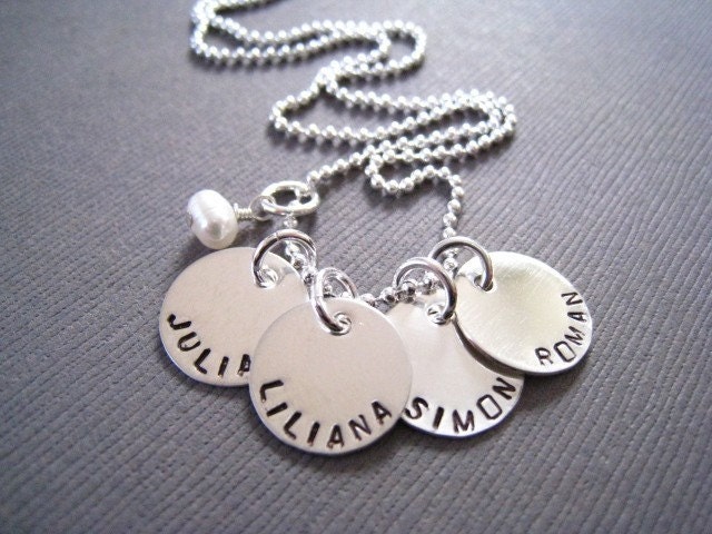 Custom Hand Stamped Jewelry - Personalized Sterling Silver Mommy Necklace.... Family of Four