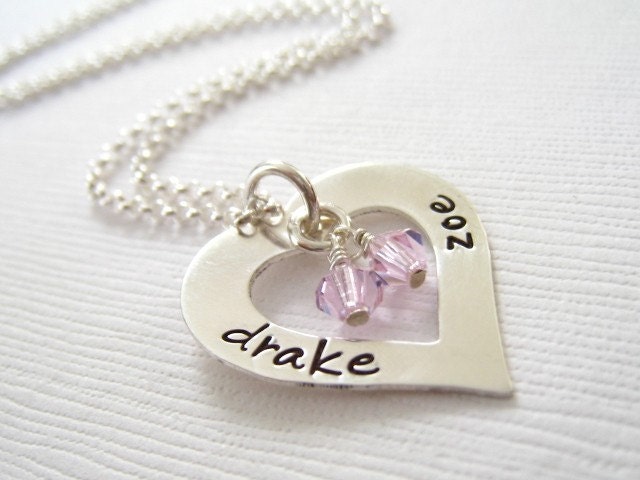 Hand Stamped Mommy Necklace - Personalized Sterling Silver Jewelry - I Heart You with Birthstones