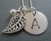 Hand Stamped Initial Jewelry - Personalized Sterling Silver Necklace - Little leaf and Pearl