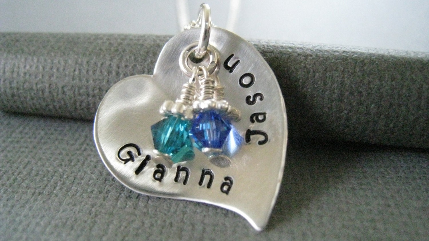 Hand Stamped Mommy Jewelry - Sterling Silver Personalized Necklace - Modern Cupped Heart with Swarovski Crystals