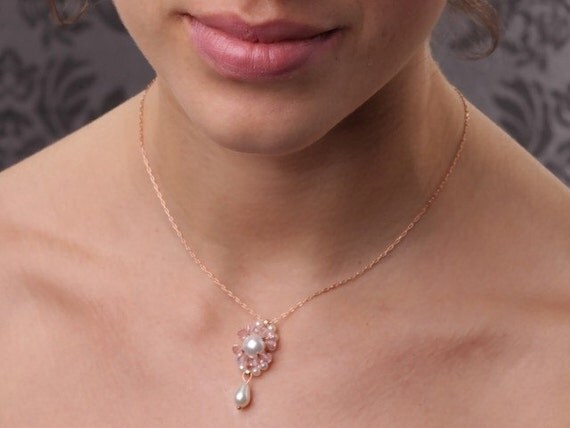 vintage rose necklace with swarovski crystals and white pearls