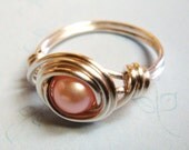 Pink Pearl Ring - Sterling Silver Ring - Pink Freshwater Pearl Bead Sterling Silver Ring - Wire Wrapped Ring - Bridal Jewelry