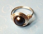 Black Pearl Ring - Peacock Black Freshwater Pearl Ring - Sterling Silver Wire Wrapped Ring