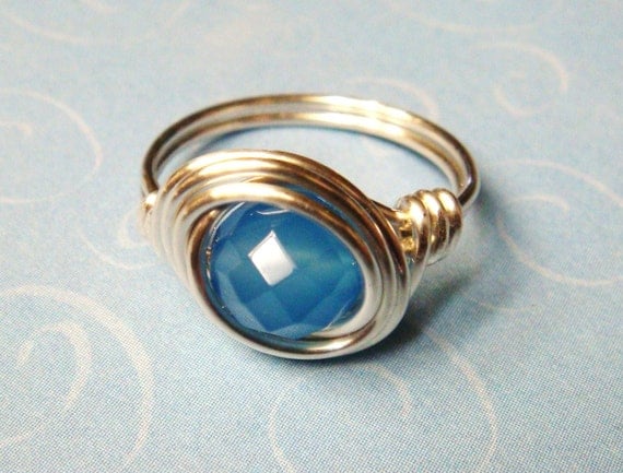 Chalcedony Ring - Blue Chalcedony Faceted Gemstone and Sterling Silver Wire Wrapped Ring