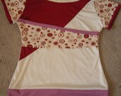Asymmetric cowl top retro circles shirt XL/2X deep red and cream - Sale