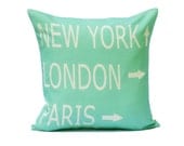 destination throw pillow cover aqua cream paris new york london typography linen decor 18x18