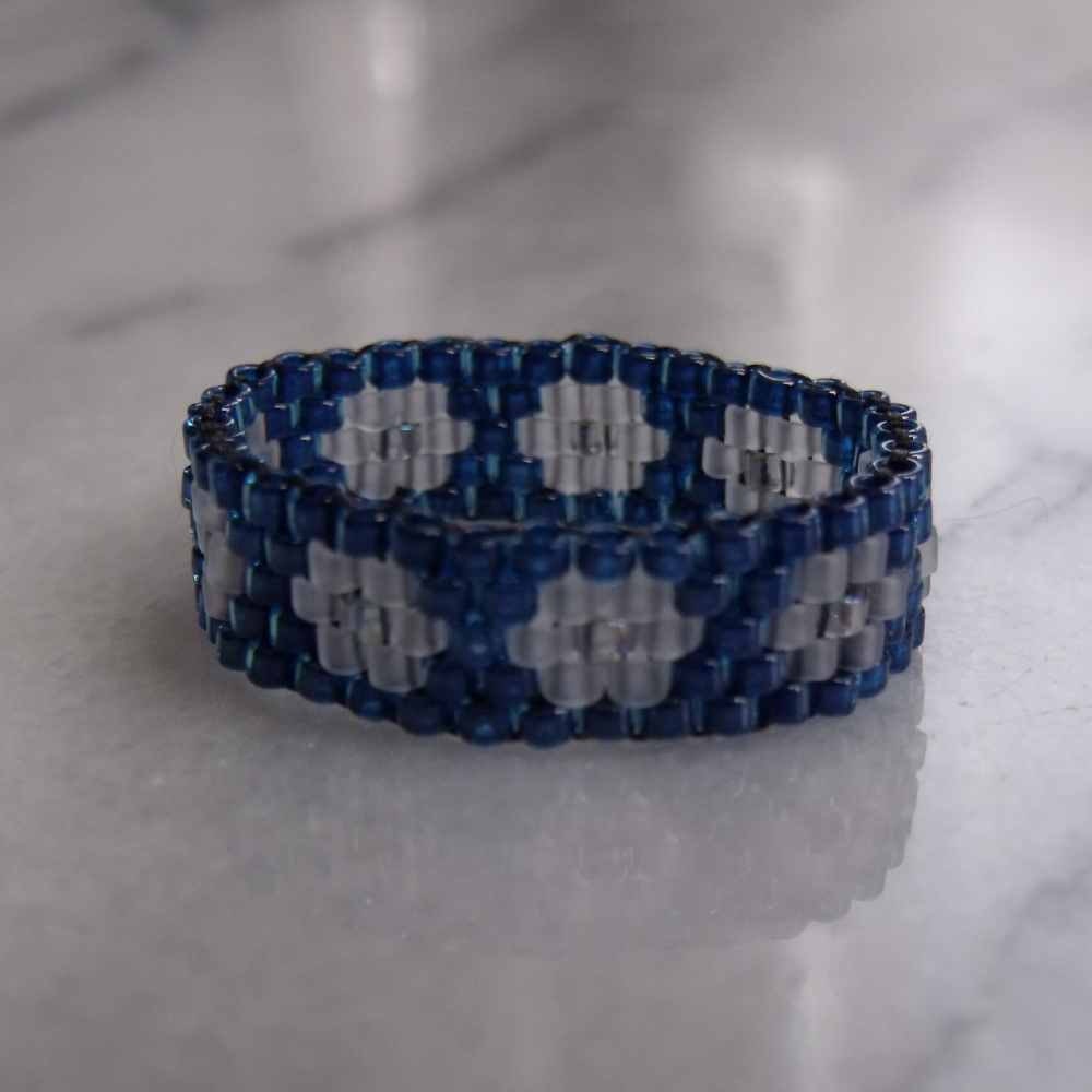 Another  SEED BEAD Ring - Blue with White Flowers