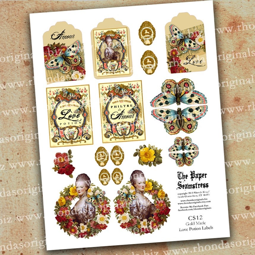 Antoinette Potion Labels, Gift Tags Digital Download Collage Sheet - Printable Gold Butterfly Art For Paper Arts And Crafts CS12M