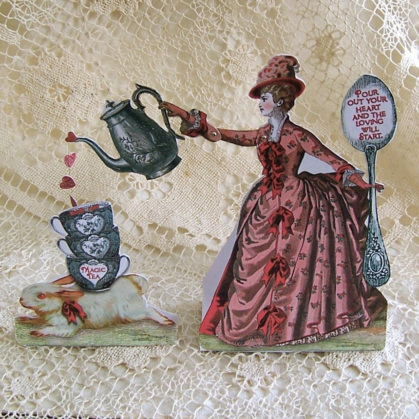 Digital Vintage Valentine Card Digital Download - Magic Tea Lady Paper Doll With Bunny Teacup Teapot Collage Sheet For Paper Crafts CS16V