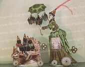 Halloween Paper Doll Digital Collage Sheet Download - 3D Printable Nanny Bat Cat  And Bunny Altered Art For Scrapbooking Paper Arts HP21D