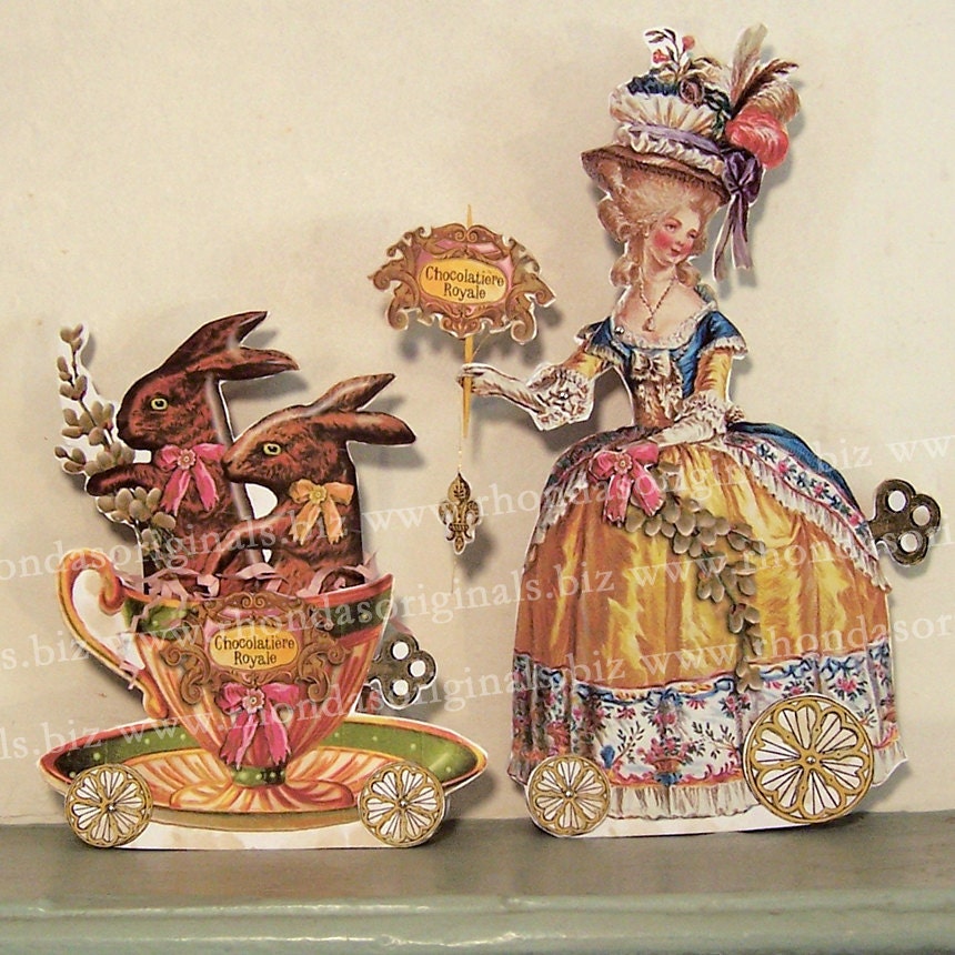 Digital Chocolate Easter Bunny Paper Doll Decoration Download - Printable Altered Art French Lady Teacup For Paper Arts Crafts MA15DP