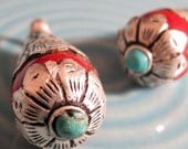 Tibetan Coral Sterling SIlver Turquoise Drops