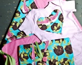 Tina Givens Bird Fabric Baby Gift Set - Diaper/Wipes Tote, Diaper Changing Pad, and Heart Appliqued Light Pink Onesie 0-3 month