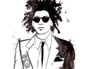 Original watercolor and pen artwork portrait of Jean Michele Basquiat by Jessica Durrant titled The Artist