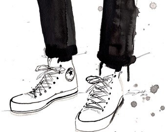 Print from original watercolor and pen fashion illustration by Jessica Durrant titled, Chucks in the City