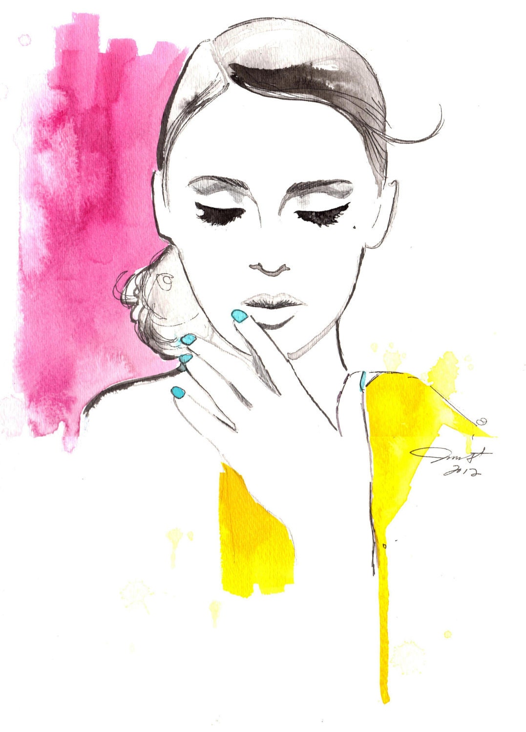 Print from original watercolor and pen fashion illustration, by Jessica Durrant - Minty Fresh Nails