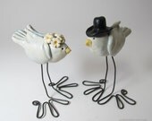 Wedding decor Wedding Cake Toppers Ceramic Blue Birds on Wire Legs Tuxedo Hat