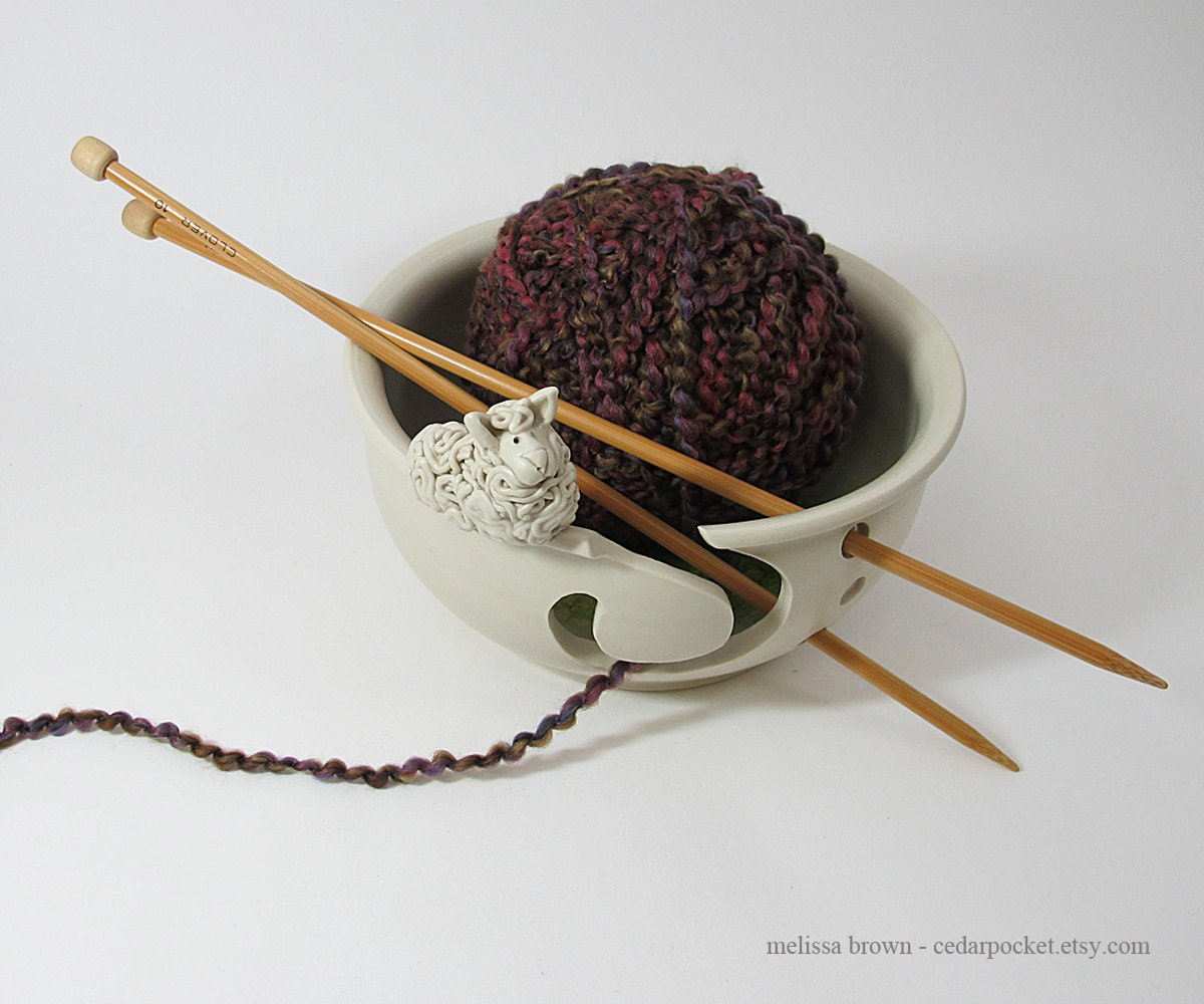 Yarn Bowl - A Sheep to Shear to Spin to Knit - with a green glass meadow